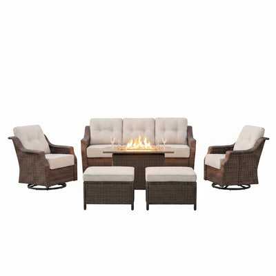 Luxurious 7 Piece Patio Furniture Set with Fire Pit Table, High Back Wicker Swivel Rocker Glider Outdoor Chairs with 6" Cushion, All-Weather Patio Conversation Set for Yard Garden - Brown/Beige