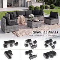 7-Piece Wicker Patio Outdoor Sectional Set Sofa with Cushionguard Black Cushions