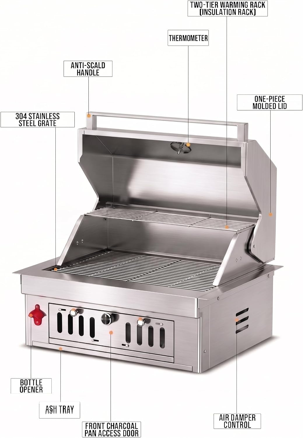 27-IN Premium Portable 304 Stainless Steel Built-In Charcoal Grill with Adjustable Charcoal Tray, Large Front Access Door, and Side Vents, Ideal for Outdoor Family BBQ Gatherings