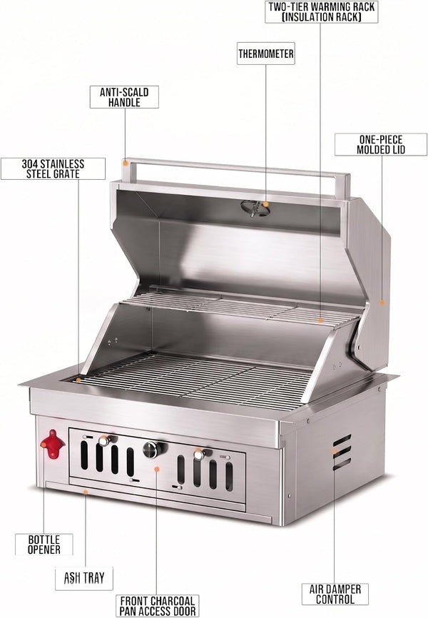 27-IN Premium Portable 304 Stainless Steel Built-In Charcoal Grill with Adjustable Charcoal Tray, Large Front Access Door, and Side Vents, Ideal for Outdoor Family BBQ Gatherings