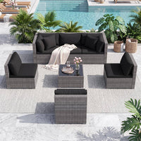 7-Piece Wicker Patio Outdoor Sectional Set Sofa with Cushionguard Black Cushions
