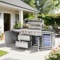 Outdoor Kitchen Island with Built in Grill, 6 Burner 83500 BTU Stainless Steel Gas Barbecue Island, Patio Cooking Station with Sink & Wine Cooler, Built in Grill Island for Backyard (Silver)
