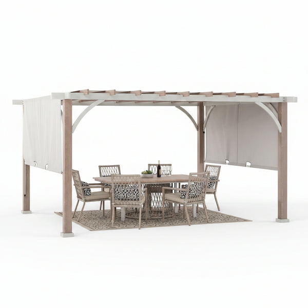 Sunjoy Outdoor Pergola 12 X 14 Ft. with Adjustable Sun Shade Canopy for Backyard and Garden Shade, Patio Modern White Steel Frame Grape Trellis Pergolas, Light Gray by