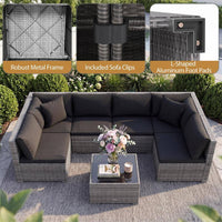 7-Piece Wicker Patio Outdoor Sectional Set Sofa with Cushionguard Black Cushions