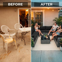 7-Piece Wicker Patio Outdoor Sectional Set Sofa with Cushionguard Black Cushions — Before & After