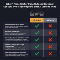 7-Piece Wicker Patio Outdoor Sectional Set Sofa with Cushionguard Black Cushions — Comparison
