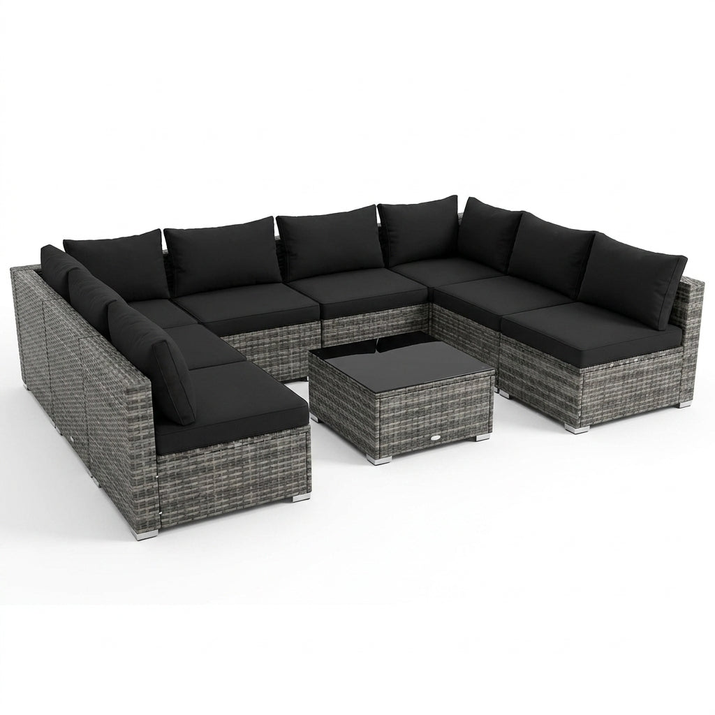 7-Piece Wicker Patio Outdoor Sectional Set Sofa with Cushionguard Black Cushions — Studio Shot