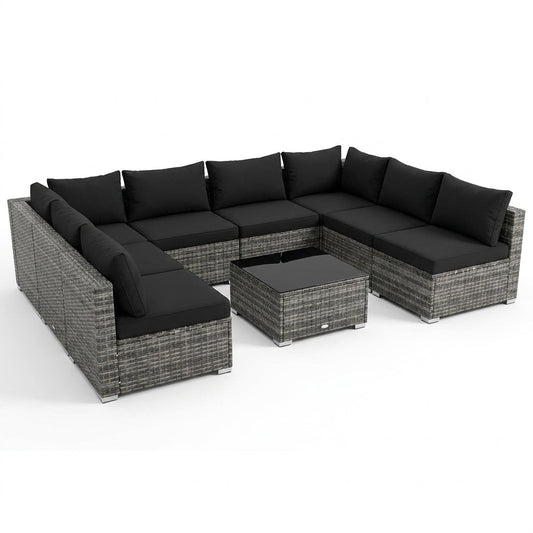 7-Piece Wicker Patio Outdoor Sectional Set Sofa with Cushionguard Black Cushions — Studio Shot