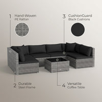 7-Piece Wicker Patio Outdoor Sectional Set Sofa with Cushionguard Black Cushions — infographic