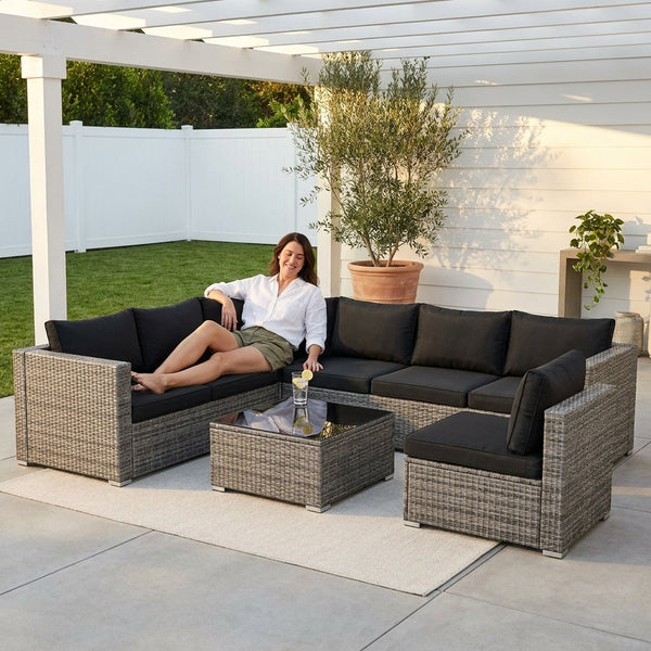 Outdoor Sectional Sofa Set Built for Lasting Comfort, 7-Piece PE Rattan, Steel Frame, Tempered Glass Table