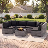 7-Piece Wicker Patio Outdoor Sectional Set Sofa with Cushionguard Black Cushions