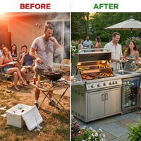 82-Inch 6-Burner Gas Grill 85,000 BTU Outdoor Kitchen Barbecue | Stainless Steel Grill Island with Sink, Storage Cabinets, and Wine Refrigerator,Backyard, Patio, Lawn, Silver — Before & After