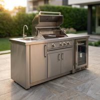 82-Inch 6-Burner Gas Grill 85,000 BTU Outdoor Kitchen Barbecue | Stainless Steel Grill Island with Sink, Storage Cabinets, and Wine Refrigerator,Backyard, Patio, Lawn, Silver — Studio Shot