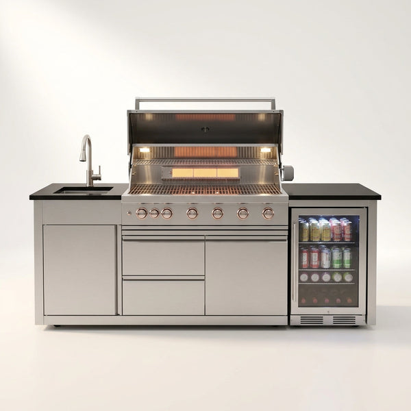 82-Inch 6-Burner Gas Grill 85,000 BTU Outdoor Kitchen Barbecue | Stainless Steel Grill Island with Sink, Storage Cabinets, and Wine Refrigerator,Backyard, Patio, Lawn, Silver — Studio Shot