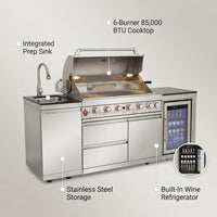 82-Inch 6-Burner Gas Grill 85,000 BTU Outdoor Kitchen Barbecue | Stainless Steel Grill Island with Sink, Storage Cabinets, and Wine Refrigerator,Backyard, Patio, Lawn, Silver — infographic