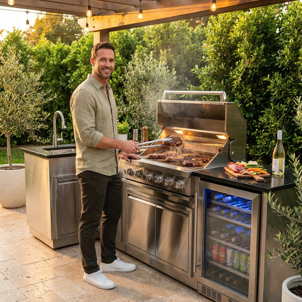 Outdoor Kitchen Island Built for Versatile Cooking, 6-Burner Gas Grill, Stainless Steel Sink, Wine Cooler