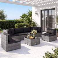 7-Piece Wicker Patio Outdoor Sectional Set Sofa with Cushionguard Black Cushions