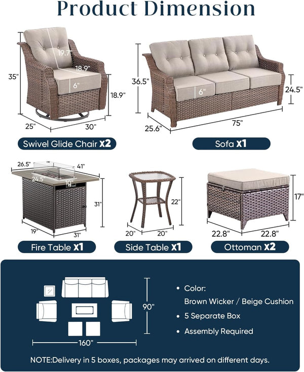 Luxurious 7 Piece Patio Furniture Set with Fire Pit Table, High Back Wicker Swivel Rocker Glider Outdoor Chairs with 6" Cushion, All-Weather Patio Conversation Set for Yard Garden - Brown/Beige