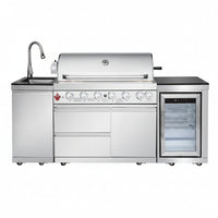 Outdoor Kitchen Island with Built in Grill, 6 Burner 83500 BTU Stainless Steel Gas Barbecue Island, Patio Cooking Station with Sink & Wine Cooler, Built in Grill Island for Backyard (Silver)
