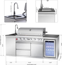 Outdoor Kitchen Island with Built in Grill, 6 Burner 83500 BTU Stainless Steel Gas Barbecue Island, Patio Cooking Station with Sink & Wine Cooler, Built in Grill Island for Backyard (Silver)