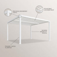 Louvered Pergola Modern White Pergola with Adjustable Roof for Deck Backyard Garden — infographic