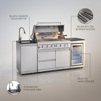Outdoor Kitchen Island Built for Serious Cooks, 6 Burner Gas Grill, Built-in Sink, Wine Cooler, 83500 BTU — infographic