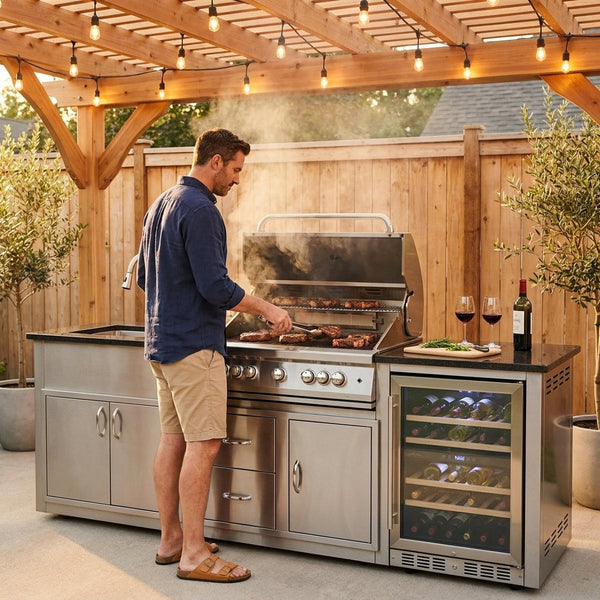 Outdoor Kitchen Island Designed for Complete Cooking, 6 Burner Gas Grill, Built-in Sink, Wine Cooler