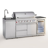 Outdoor Kitchen Island with Built in Grill, 6 Burner 83500 BTU Stainless Steel Gas Barbecue Island, Patio Cooking Station with Sink & Wine Cooler, Built in Grill Island for Backyard (Silver) — Studio Shot