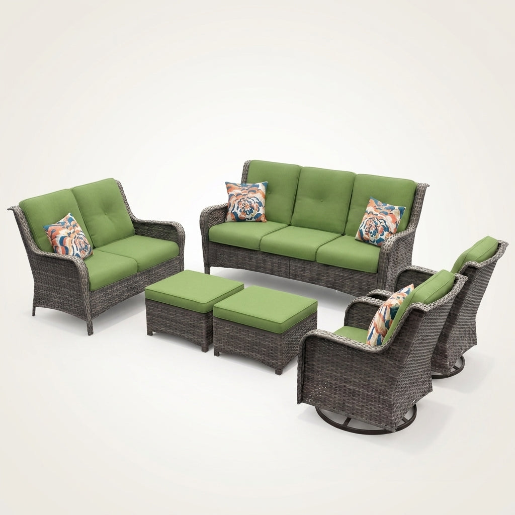 Patio Furniture Set 6-Piece Outdoor Patio Conversation Set with Green Cushions Lawn Furniture — Studio Shot