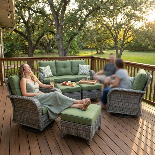 Outdoor Patio Conversation Set Built for Lasting Gatherings, Swivel Rocker Chairs, Steel Frame, Green Cushions