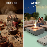 Westport 34 In. X 14 In. Grey round Concrete Propane Pit Table with Electronic Ignition Cover and Lava Rock — Before & After