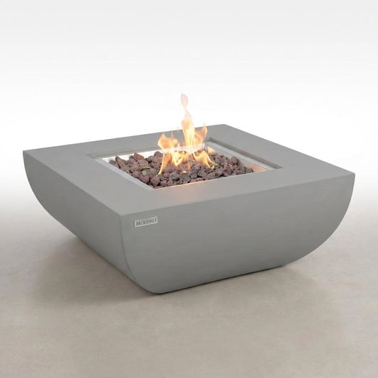 Westport 34 In. X 14 In. Grey round Concrete Propane Pit Table with Electronic Ignition Cover and Lava Rock — Studio Shot