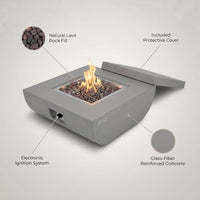 Westport 34 In. X 14 In. Grey round Concrete Propane Pit Table with Electronic Ignition Cover and Lava Rock — infographic