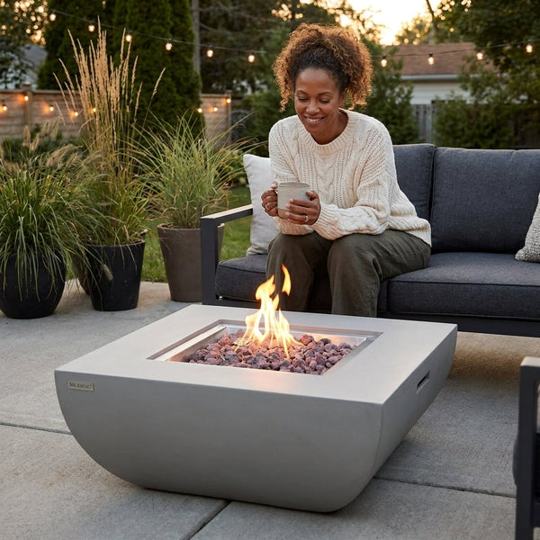 Concrete Fire Pit Table Built for Outdoor Gatherings, 34 Inch Round, Electronic Ignition, Lava Rock Included