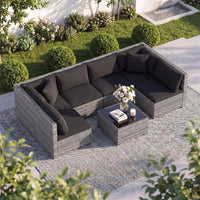 7-Piece Wicker Patio Outdoor Sectional Set Sofa with Cushionguard Black Cushions
