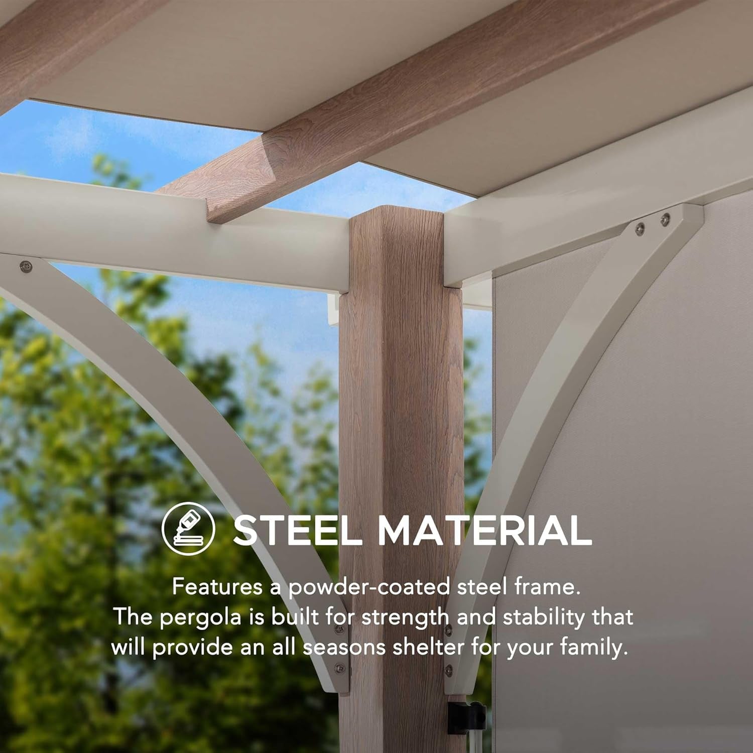 Sunjoy Outdoor Pergola 12 X 14 Ft. with Adjustable Sun Shade Canopy for Backyard and Garden Shade, Patio Modern White Steel Frame Grape Trellis Pergolas, Light Gray by