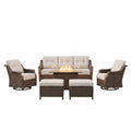Luxurious 7 Piece Patio Furniture Set with Fire Pit Table, High Back Wicker Swivel Rocker Glider Outdoor Chairs with 6" Cushion, All-Weather Patio Conversation Set for Yard Garden - Brown/Beige