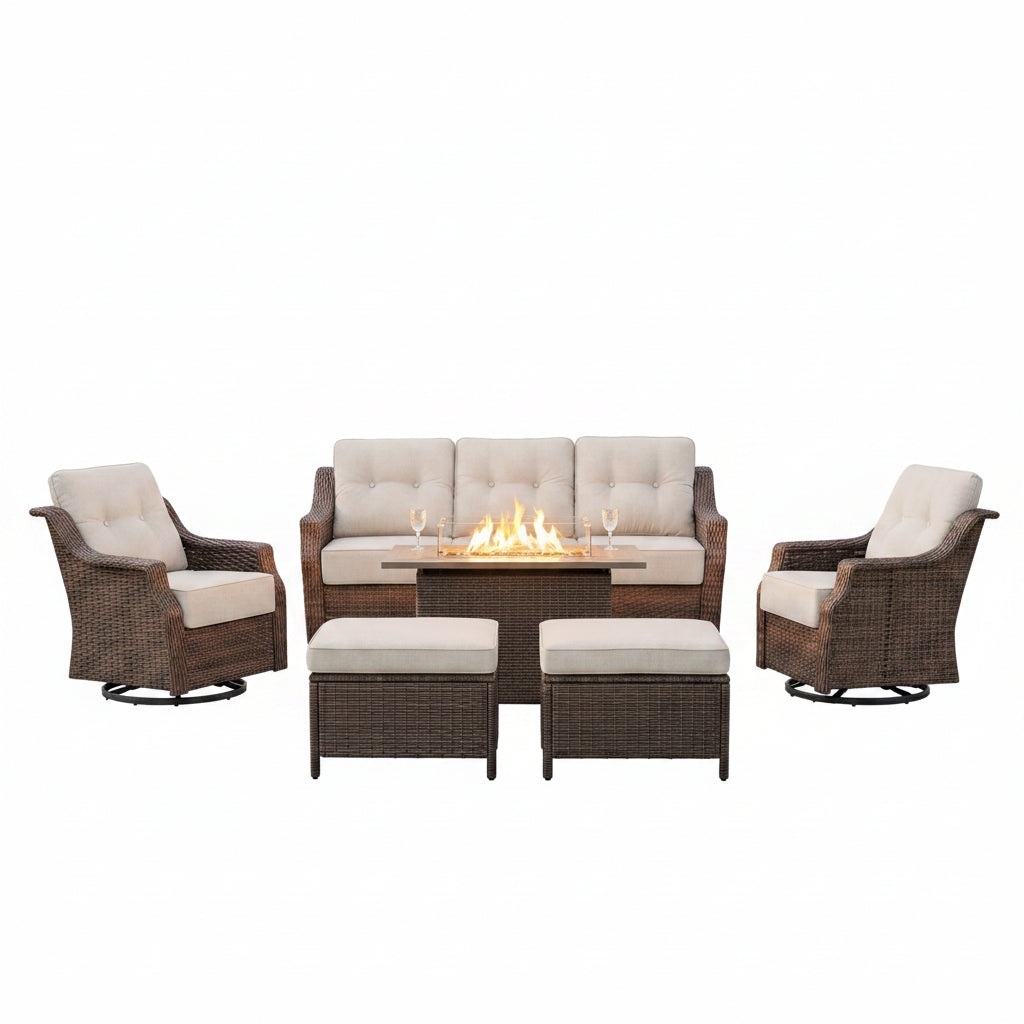Luxurious 7 Piece Patio Furniture Set with Fire Pit Table, High Back Wicker Swivel Rocker Glider Outdoor Chairs with 6" Cushion, All-Weather Patio Conversation Set for Yard Garden - Brown/Beige