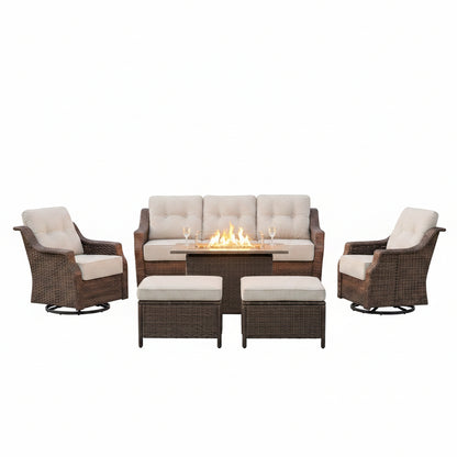 Luxurious 7 Piece Patio Furniture Set with Fire Pit Table, High Back Wicker Swivel Rocker Glider Outdoor Chairs with 6" Cushion, All-Weather Patio Conversation Set for Yard Garden - Brown/Beige