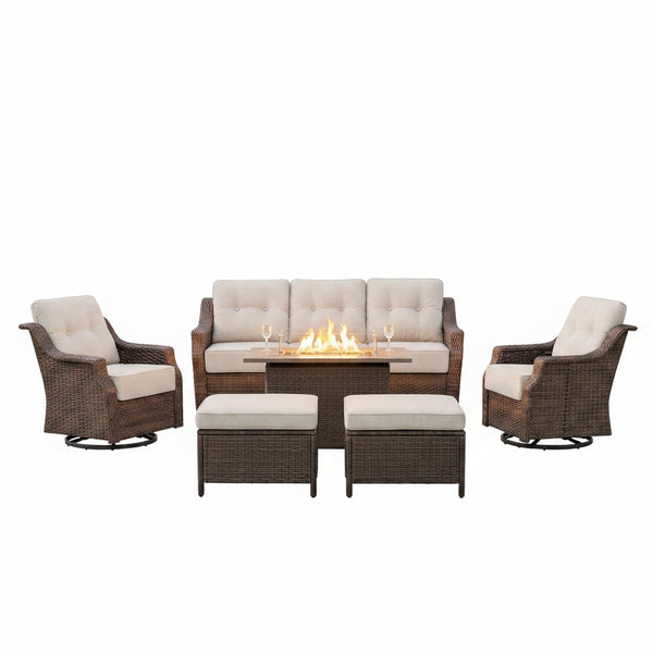 Luxurious 7 Piece Patio Furniture Set with Fire Pit Table, High Back Wicker Swivel Rocker Glider Outdoor Chairs with 6" Cushion, All-Weather Patio Conversation Set for Yard Garden - Brown/Beige
