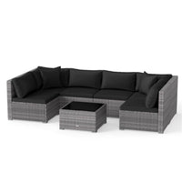 7-Piece Wicker Patio Outdoor Sectional Set Sofa with Cushionguard Black Cushions